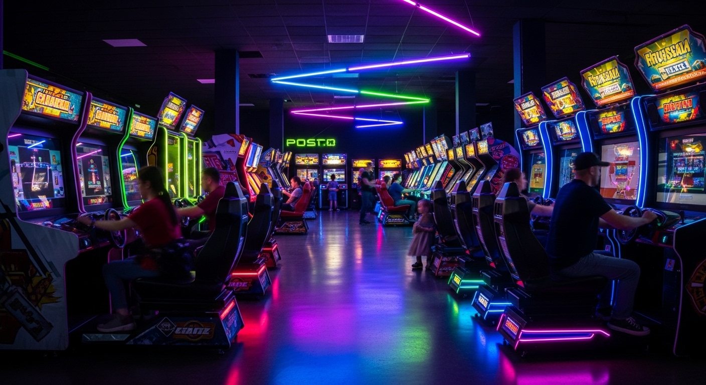 A bustling room filled with various colorful arcade games and neon lights